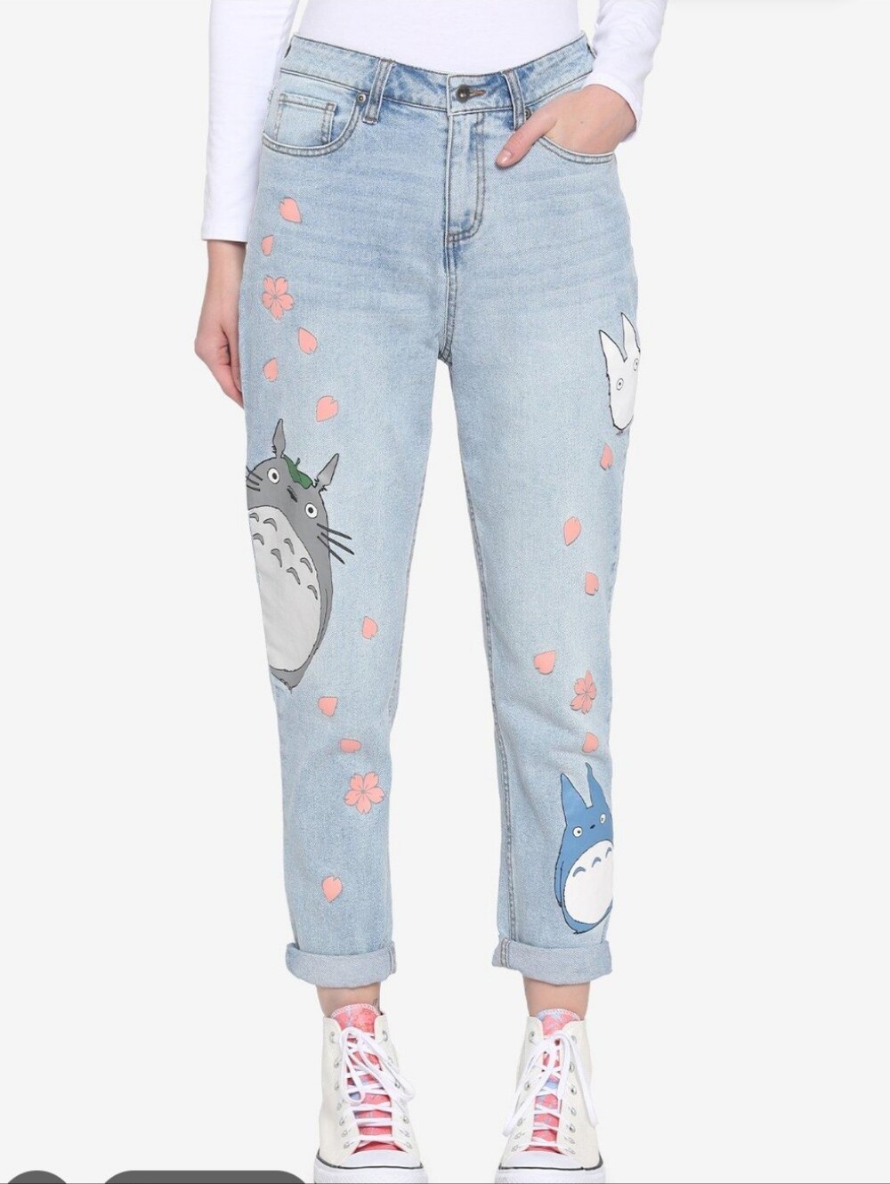 Light Blue Boyfriend Jeans with Totoro Character Patches